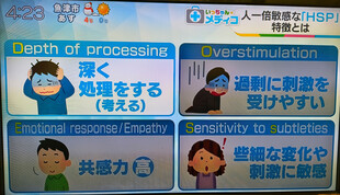 【画像】ＨＳＰの特徴は「ＤＯＥＳ（ダズ）」という４つの指標で説明される。Ｄ（Depth）：物事を深く考え、背景まで察知するが、慎重すぎる・優柔不断と見られることもある。Ｏ（Overstimulation）：刺激を過剰に受けやすく、人混みや強い音などで疲れやすい。子どもの場合は不登校につながることもある。Ｅ（Empathy）：共感力が高く、他人の感情に強く影響を受ける。Ｓ（Subtlety）：些細な変化や表情の違いに気づきやすく、批判にも敏感。