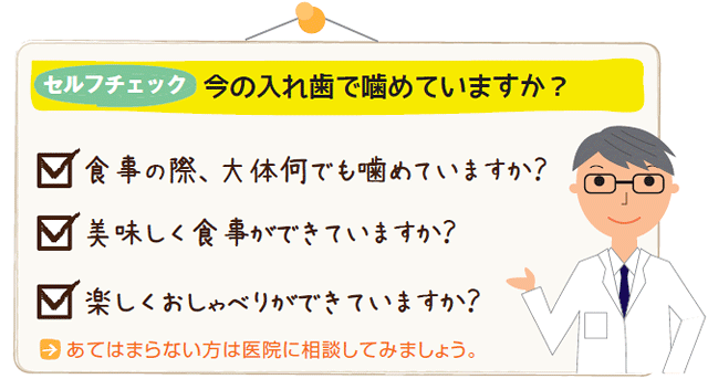 セルフチェック　今の入れ歯で噛めていますか？
・食事の際、大体何でも噛めていますか？
・美味しく食事ができていますか？
・楽しくおしゃべりができていますか？
あてはまらない方は医師に相談してみましょう。