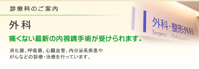 療科のご案内　外科
痛くない最新の内視鏡手術が受けられます。
消化器、呼吸器、心臓血管、内分泌系疾患やがんなどの診療・治療を行っています。