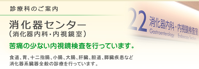 診療科のご案内 消化器センター(消化器内科・内視鏡室)
苦痛の少ない内視鏡検査を行っています。
食道、胃、十二指腸、小腸、大腸、肝臓、胆道、膵臓疾患など消化器系臓器全般の診療を行っています。